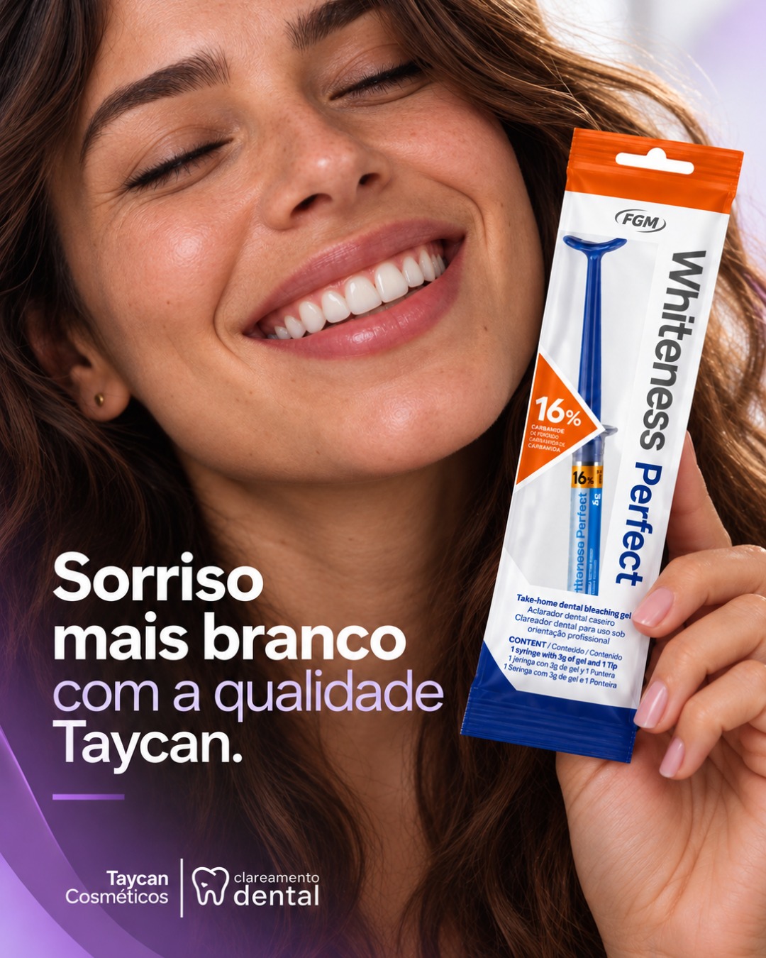Post do Instagram: Mais cuidado para um sorriso que transmite confiança. 💜 O Whiteness Perfect 16% é um clareador dental de uso caseiro da
