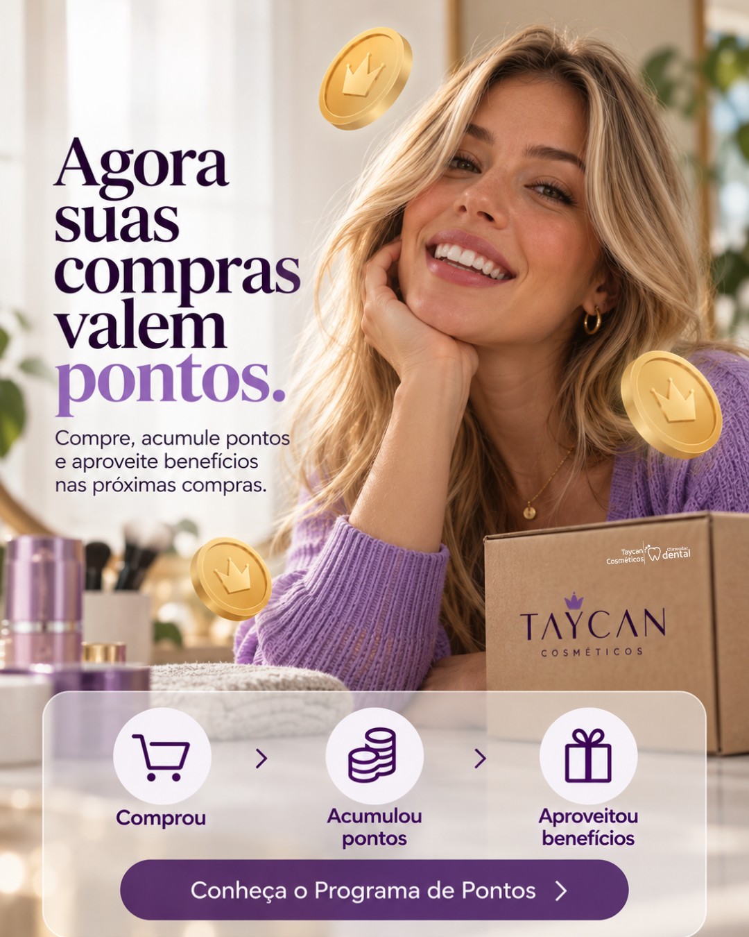 Post do Instagram: Agora suas compras também valem benefícios. 💜 Com o Programa de Pontos Taycan, cada compra ajuda você a acumular pontos