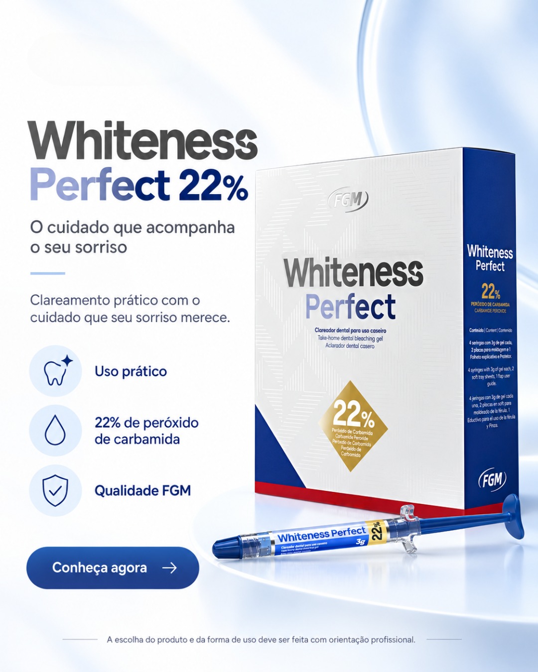 Post do Instagram: Whiteness Perfect 22%: cuidado e praticidade para a sua rotina de clareamento. Com 22% de peróxido de carbamida, o produ