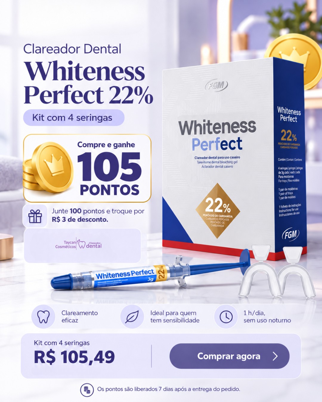 Post do Instagram: Seu clareamento também pode render benefícios. 💜 O Whiteness Perfect 22% é uma opção de clareamento dental de uso casei