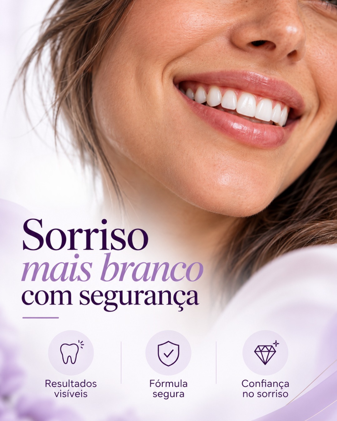 Post do Instagram: Mais confiança para sorrir do seu jeito. 💜 O clareamento dental pode contribuir para um sorriso com aparência mais clar