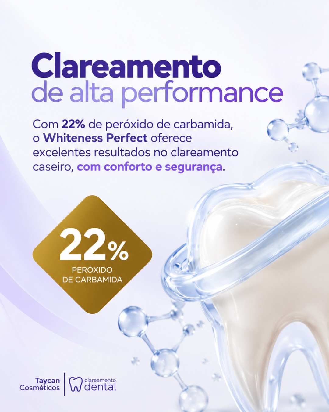 Post do Instagram: Desempenho e praticidade para a rotina de clareamento. 💜 O Whiteness Perfect 22% possui 22% de peróxido de carbamida e