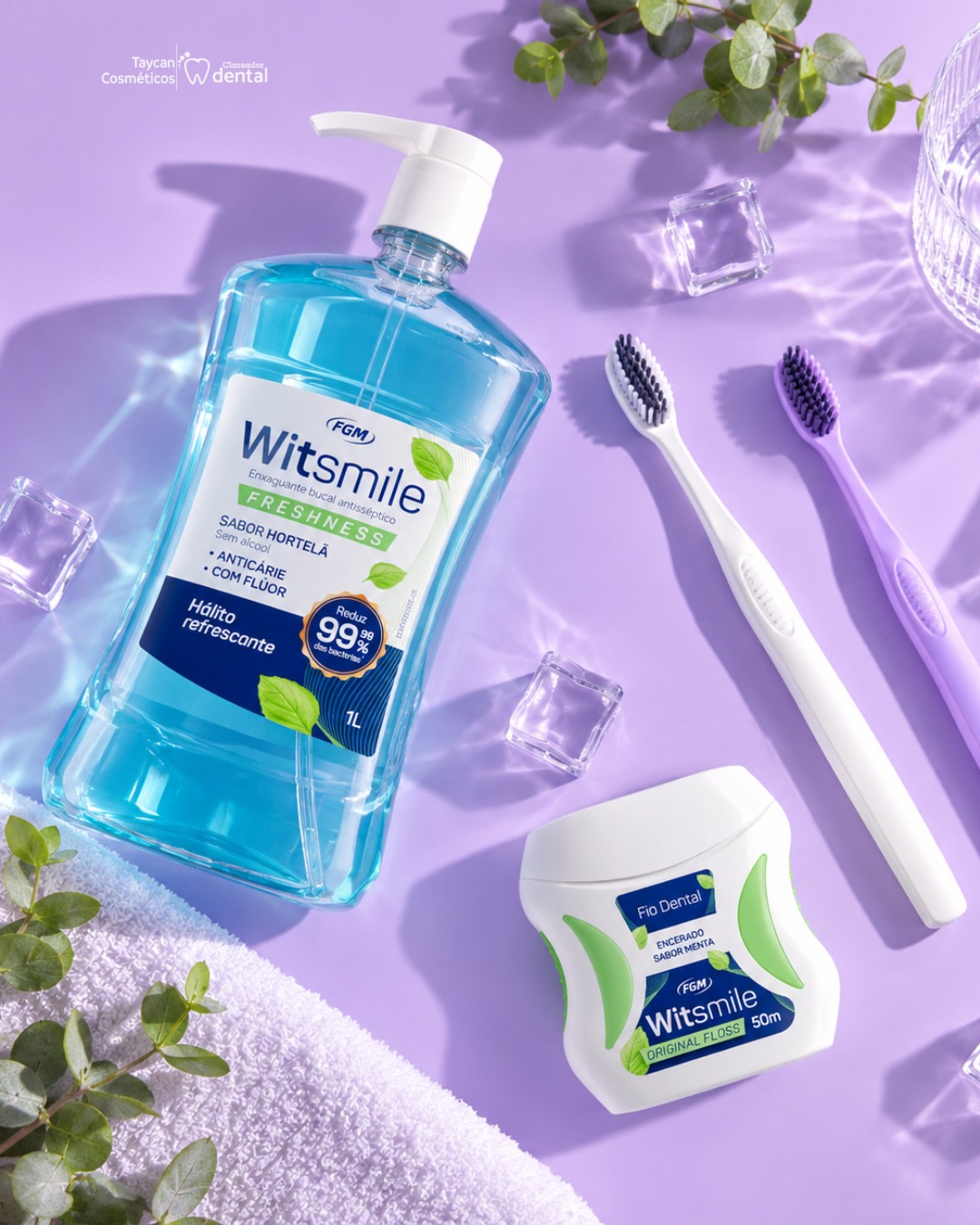 Post do Instagram: Uma rotina bem cuidada também se sente no frescor do dia a dia. 💜 Escovação, fio dental e enxaguante bucal podem se com