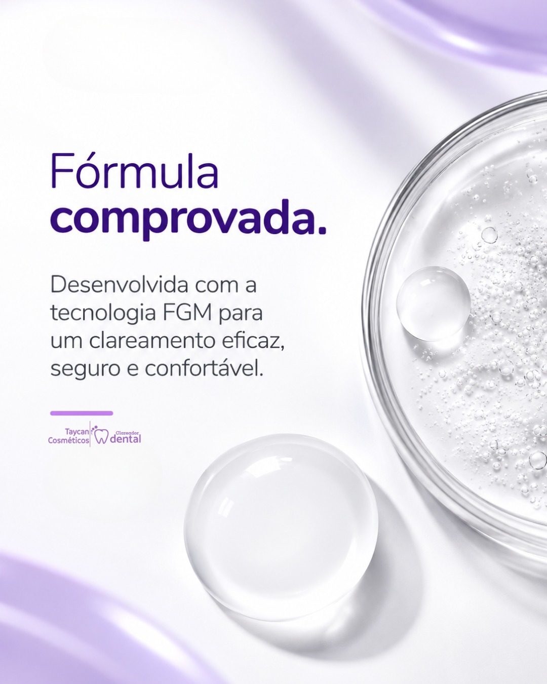 Post do Instagram: Tecnologia, cuidado e confiança em cada detalhe. 💜 Os clareadores FGM são desenvolvidos com tecnologia voltada para uni