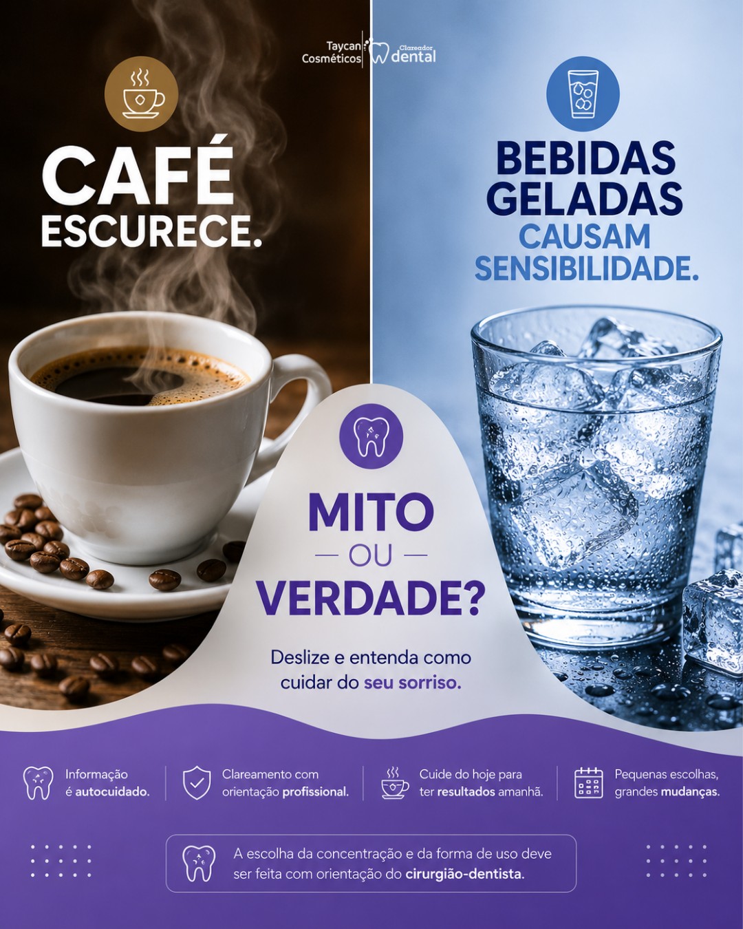 Post do Instagram: ☕❄️ Café escurece os dentes? Água gelada pode causar sensibilidade? Quando o assunto é saúde bucal, é comum surgirem dúv