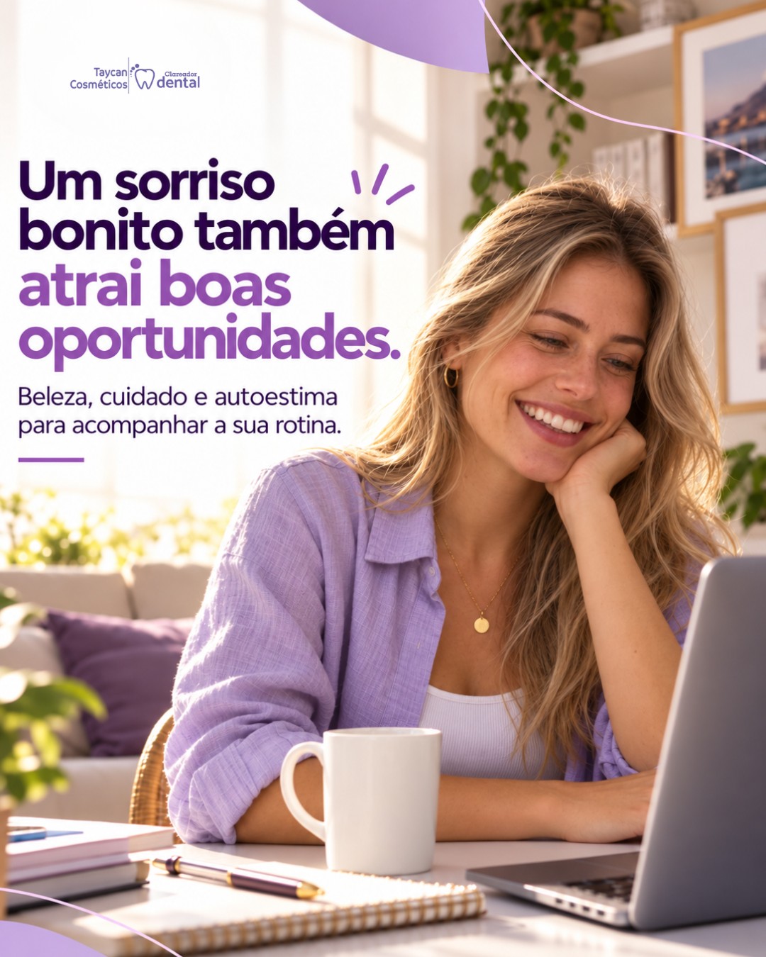 Post do Instagram: Um sorriso bonito também acompanha novos caminhos. 💜 Na rotina de trabalho, nos estudos, em uma reunião ou em um novo p