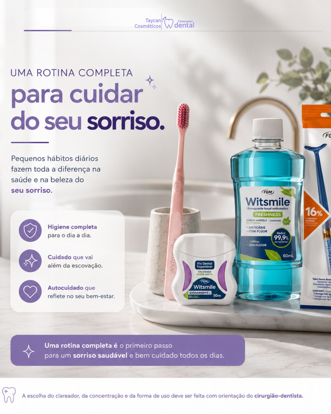 Post do Instagram: 🦷💜 Uma rotina de cuidados faz toda a diferença para o seu sorriso. Cuidar da saúde bucal vai além da escovação. Pequen