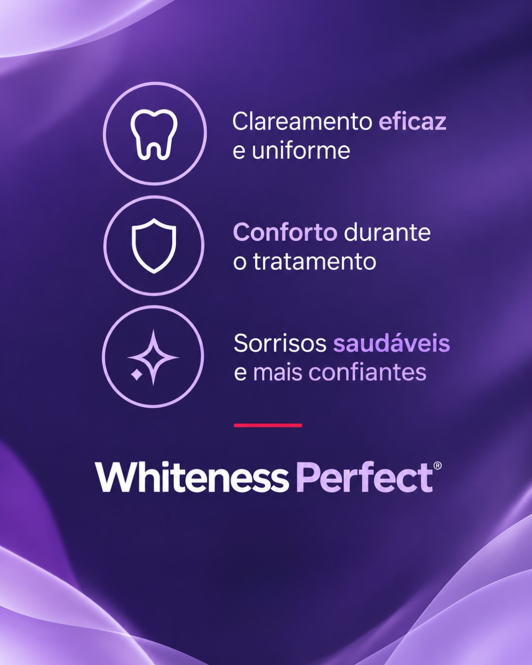Post do Instagram: Clareamento com tecnologia, conforto e cuidado. O Whiteness Perfect foi desenvolvido pela FGM para integrar a rotina de